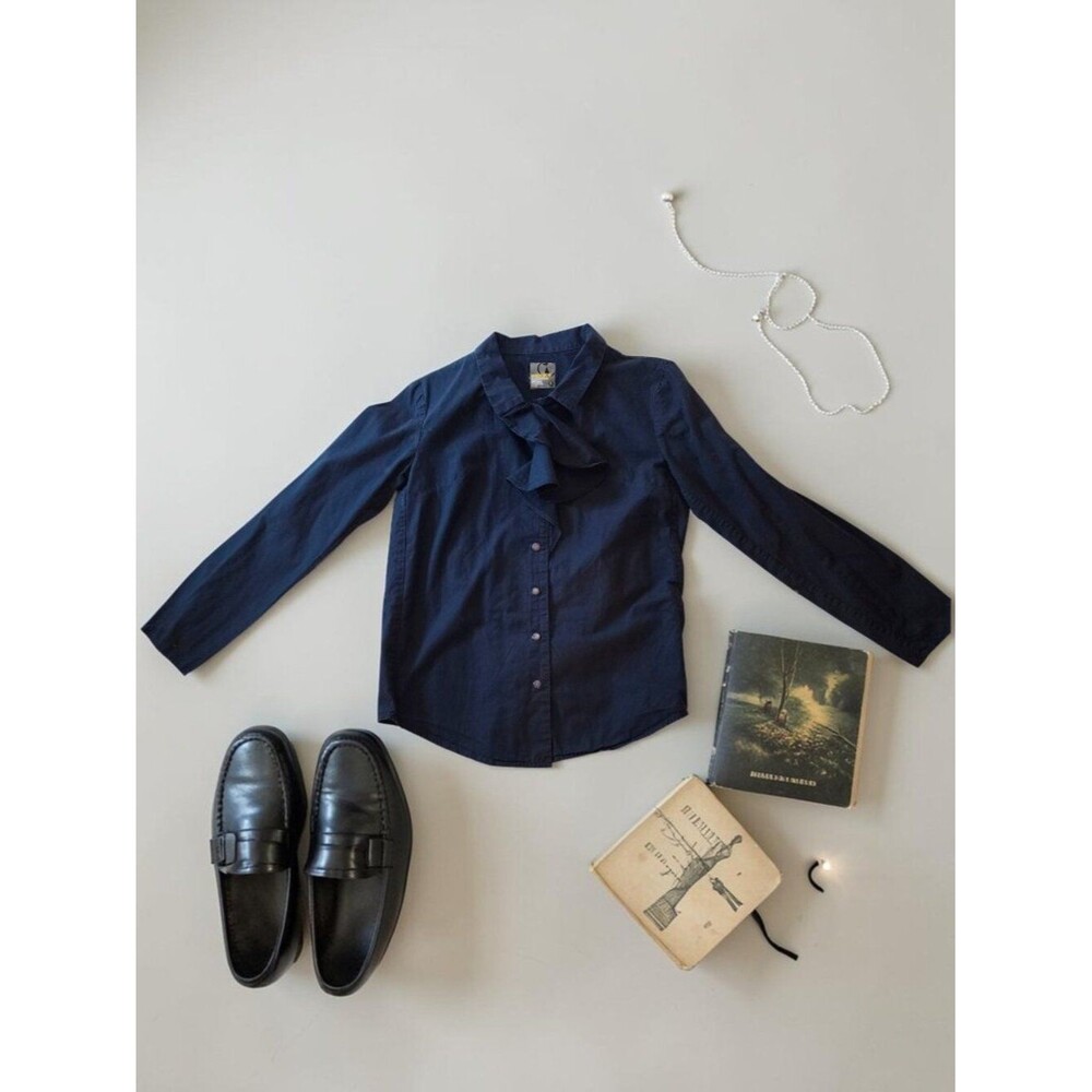 Herbench Navy Tie Neck Cotton Button Blouse Small